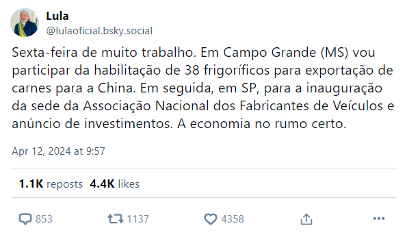 Primeira postagem do presidente Lula no Bluesky / Reprodução/Bluesky