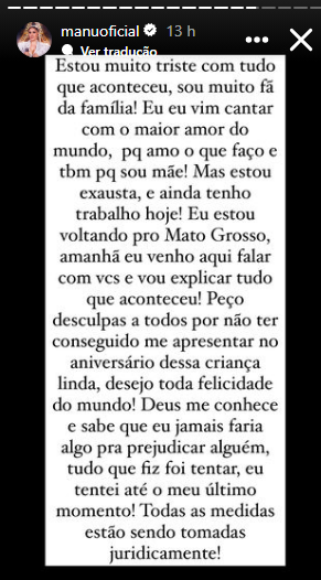 Manu Bahtidão se pronunciou nos stories do Instagram sobre o cancelamento do show na festa de Lua, filha de Viih Tube e Eliezer / Instagram/Reprodução