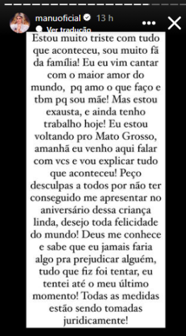 Manu Bahtidão se pronunciou nos stories do Instagram sobre o cancelamento do show na festa de Lua, filha de Viih Tube e Eliezer / Instagram/Reprodução