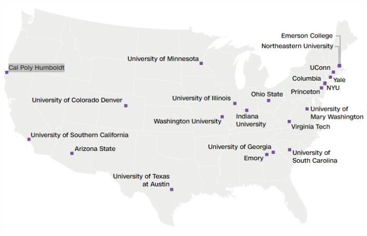 Mapa mostrando universidades onde ocorreram prisões nos EUA / CNN