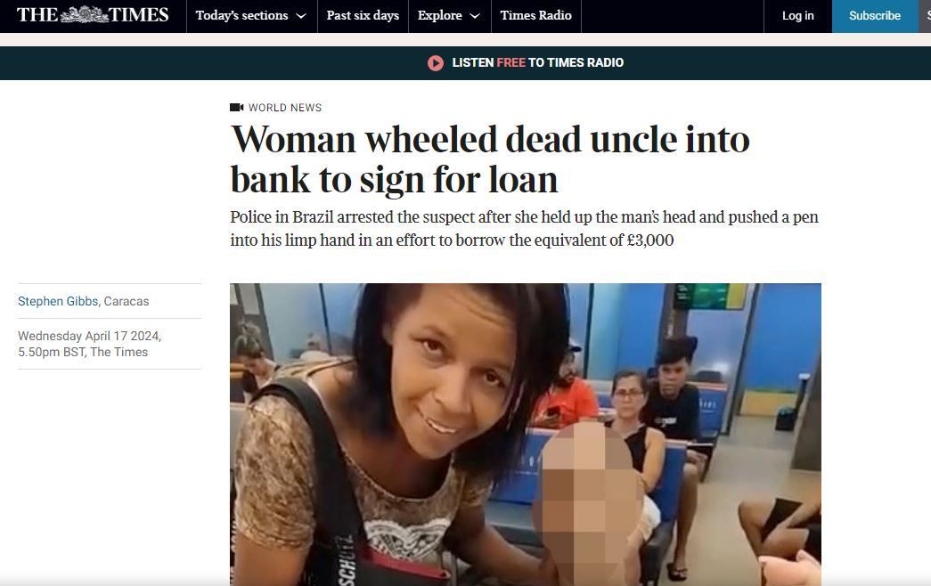 The Times repercute caso de mulher que levou morto a banco no Rio de Janeiro