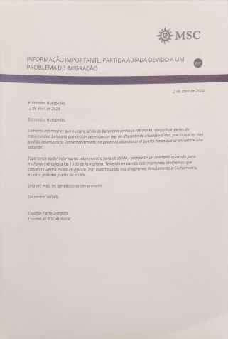 Carta aos hóspedes sobre a situação do navio MSC Armonia / Reprodução