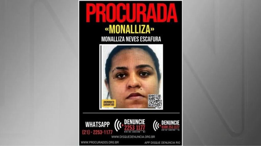 Monalliza Neves Escafura, filha de Piruinha, que está foragida, tem a foto estampada no Disque Denúncia do Rio / Reprodução
