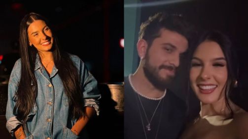 Montagem com fotos de Ana Castela com o print da foto publicada por ela ao lado de Gustavo Mioto