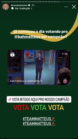 Bruna Manzon está na torcida por Matteus, do BBB 24 / Reprodução/Instagram