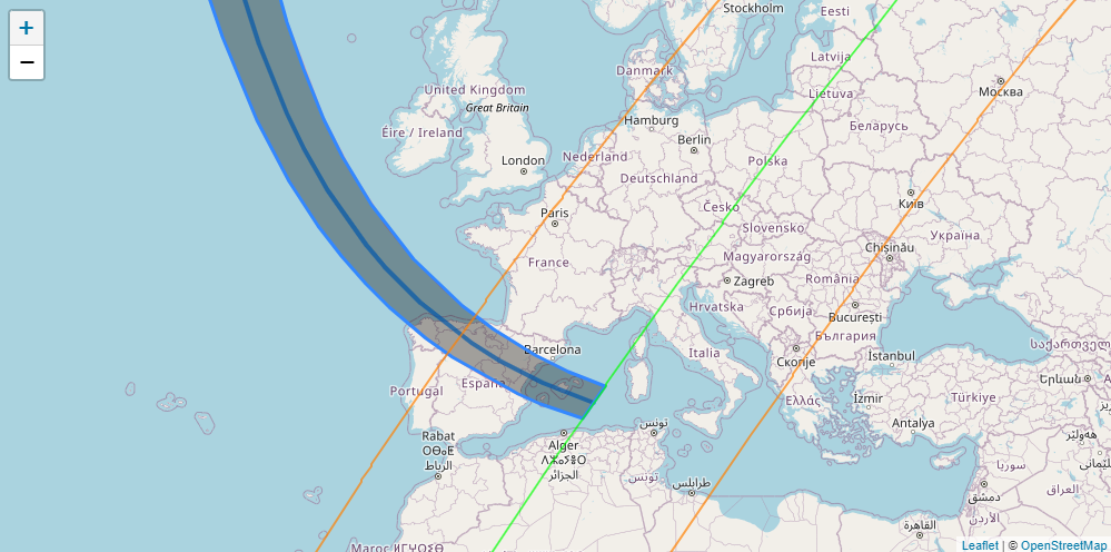Mapa mostra áreas na Espanha e em Portugal de onde será possível observar um eclipse solar total em 2026 (faixa escura) / OpenStreetMap/ adaptado por Xavier M. Jubier via The Sky Live