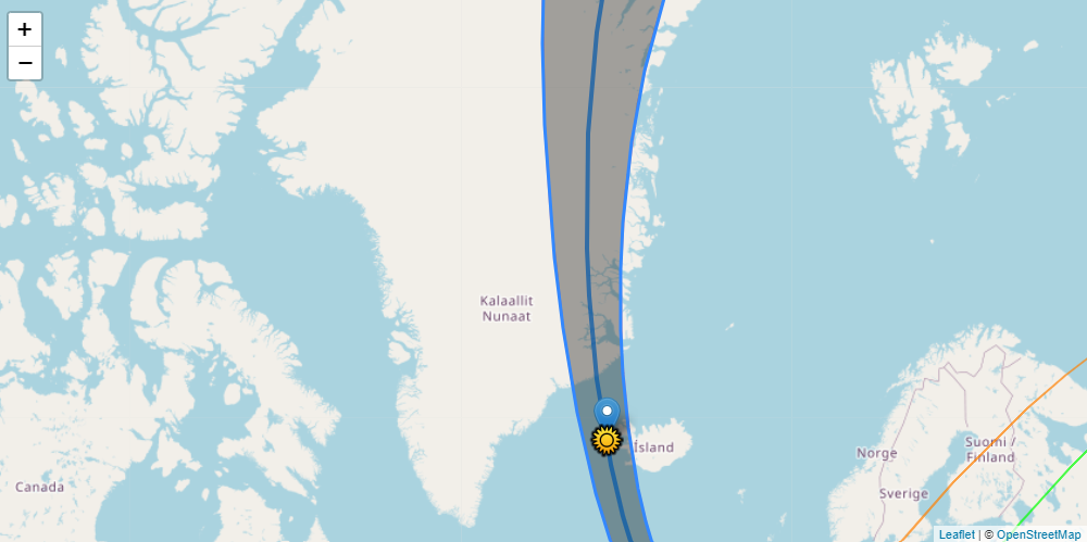 Mapa mostra áreas na Islândia e Groelândia de onde será possível observar um eclipse solar total em 2026 (faixa escura) / OpenStreetMap/ adaptado por Xavier M. Jubier via The Sky Live