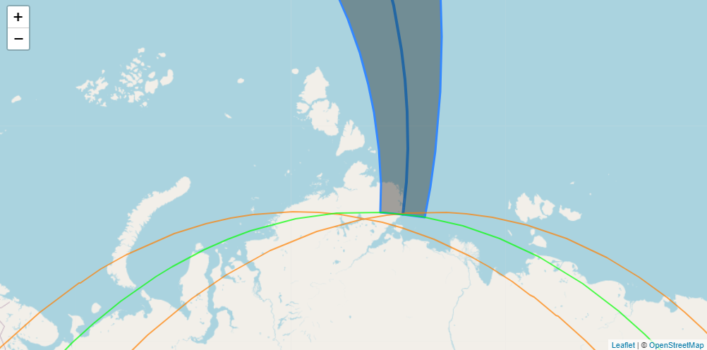 Mapa mostra áreas na Rússia de onde será possível observar um eclipse solar total em 2026 (faixa escura) / OpenStreetMap/ adaptado por Xavier M. Jubier via The Sky Live