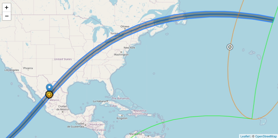 Mapa mostra onde o eclipse solar total de 8 de abril de 2024 será visível (faixa escura) - crédito: OpenStreetMap/adaptado por Xavier M. Jubier via The Sky Live