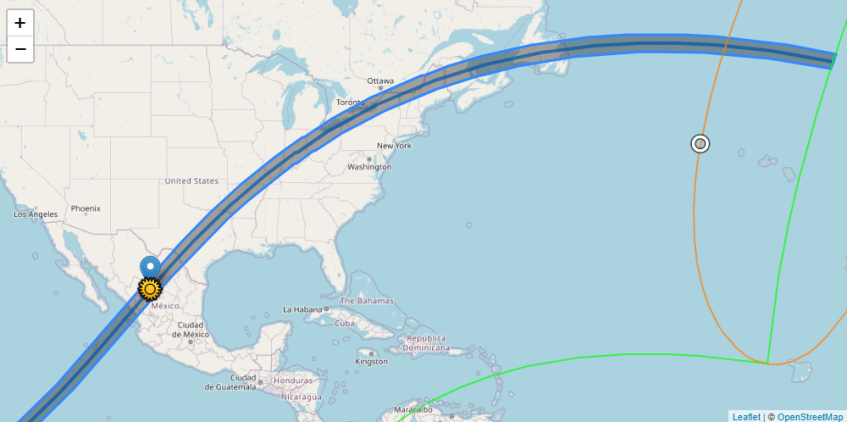 Mapa mostra onde o eclipse solar total de 8 de abril de 2024 será visível (faixa escura) - crédito: OpenStreetMap/adaptado por Xavier M. Jubier via The Sky Live