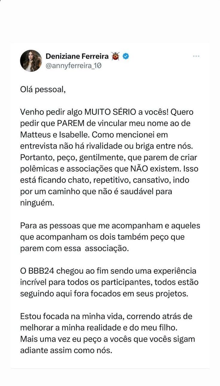 Deniziane compartilha desabafo e fala sobre relação de Matteus e Isabelle / Reprodução/Deniziane/Instagram