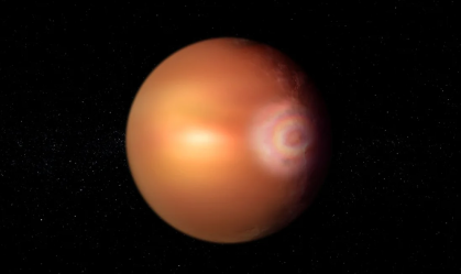 Ilustração que mostra um fenômeno concêntrico semelhante a um arco-íris, chamado efeito Glória, detectado na atmosfera do exoplaneta WASP-76b