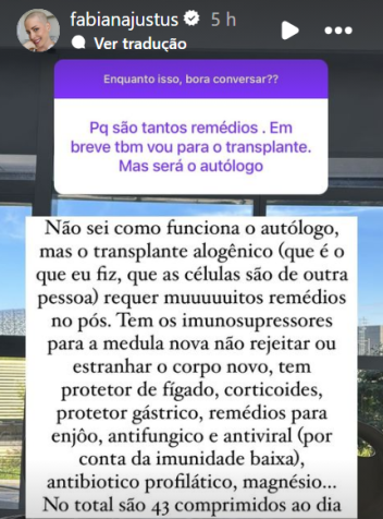 Fabiana Justus detalha rotina de tratamento após transplante de medula / Reprodução/Instagram