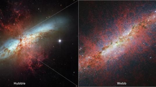 À esquerda a galáxia observada pelo Telescópio Espacial Hubble e à direita Telescópio Espacial James Webb, ambos da Nasa