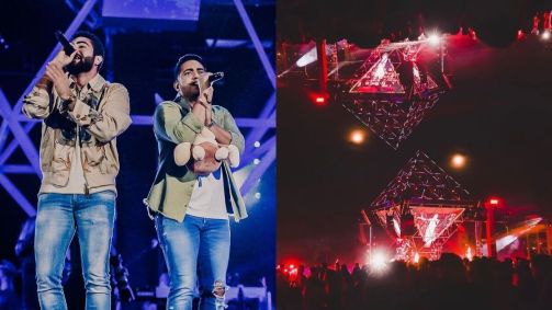 Montagem com fotos da dupla Henrique & Juliano e da estrutura do "Festival Surreal"