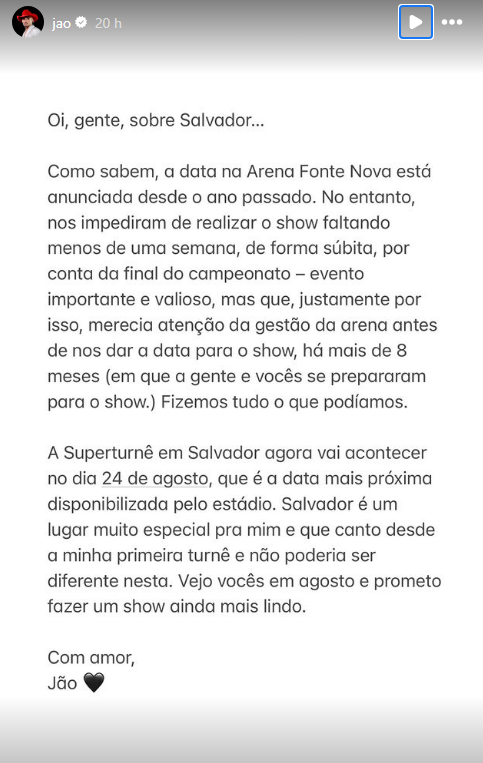 Jão anuncia que show em Salvador será adiado para o dia 24 de agosto / Reprodução/Instagram