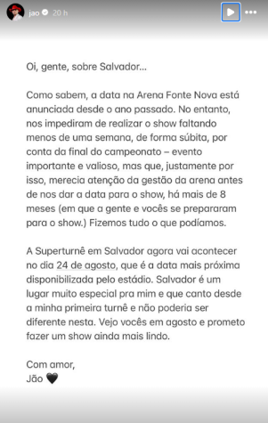 Jão anuncia que show em Salvador será adiado para o dia 24 de agosto / Reprodução/Instagram