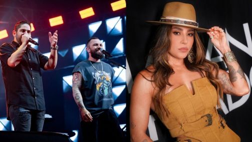 Montagem com foto da dupla Jorge e Mateus e da cantora Lauana Prado