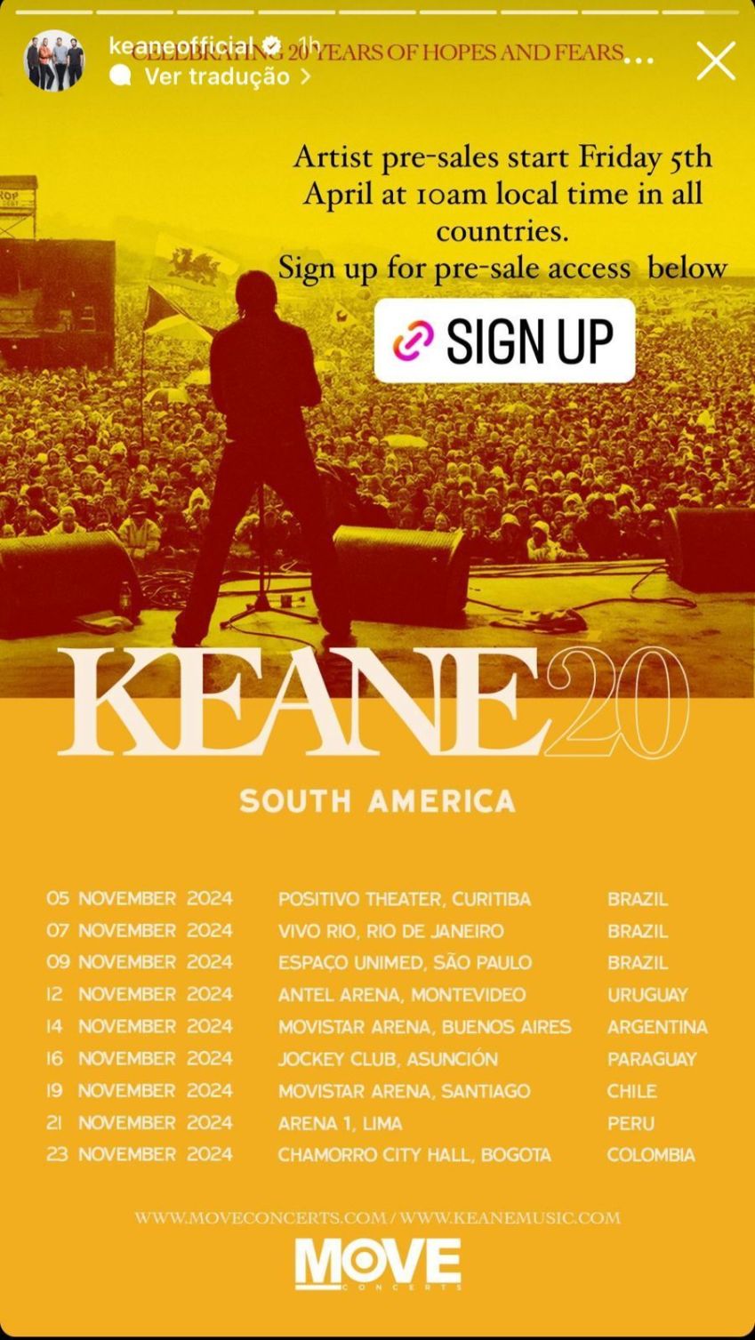 Keane anunciou que fará três shows no Brasil em novembro deste ano / Reprodução/Instagram