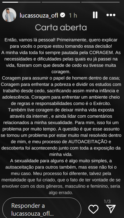 Lucas Souza revela ser bissexual em "carta aberta" / Reprodução/ Instagram