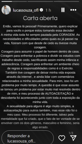 Lucas Souza revela ser bissexual em "carta aberta" / Reprodução/ Instagram