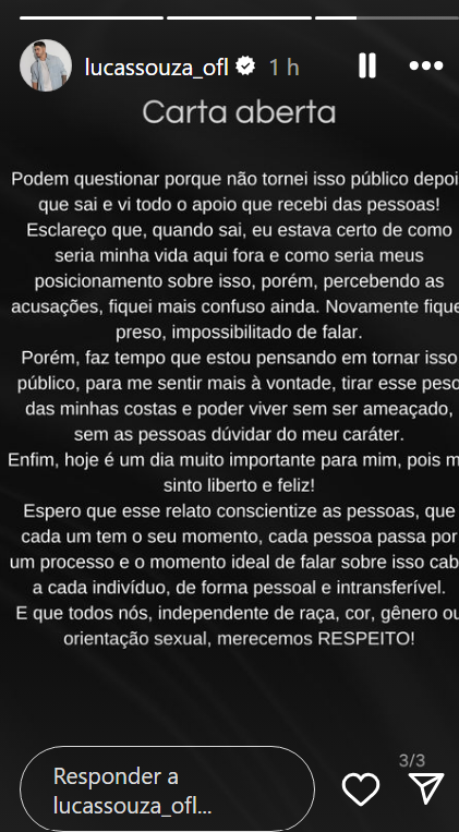 Lucas Souza revela ser bissexual em "carta aberta" / Reprodução/ Instagram