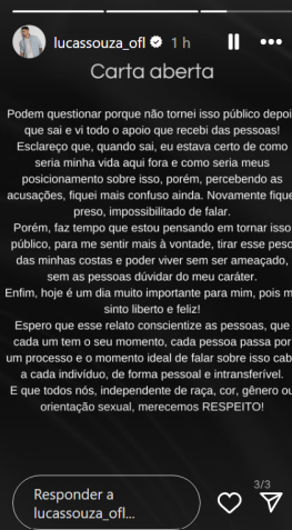 Lucas Souza revela ser bissexual em "carta aberta" / Reprodução/ Instagram