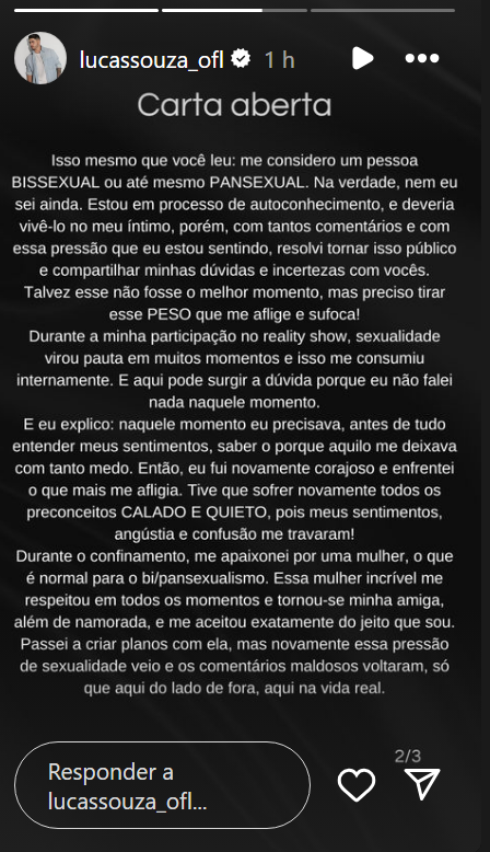 Lucas Souza revela ser bissexual em "carta aberta" / Reprodução/ Instagram