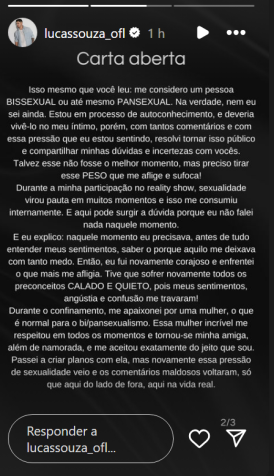 Lucas Souza revela ser bissexual em "carta aberta" / Reprodução/ Instagram