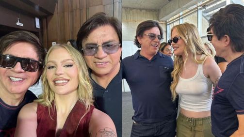 Montagem com uma selfie feita pela cantora Luisa Sonza ao lado de Chitãozinho e Xororó e do momento do encontro entre os artistas
