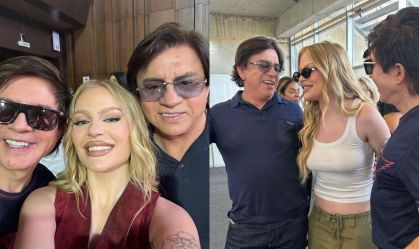 Montagem com uma selfie feita pela cantora Luisa Sonza ao lado de Chitãozinho e Xororó e do momento do encontro entre os artistas