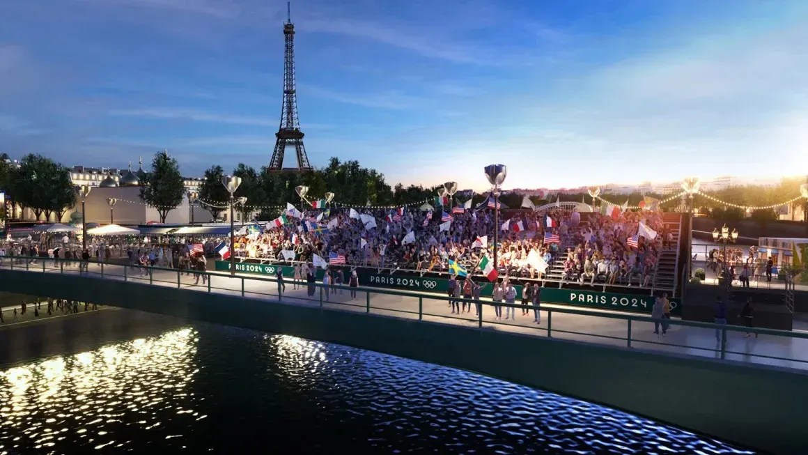 Uma representação mostrando assentos premium na cerimônia de abertura das Olimpíadas de Paris 2024