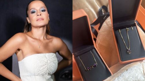 Montagem com fotos da cantora sertaneja Maiara e de joias de luxo da marca Vivara