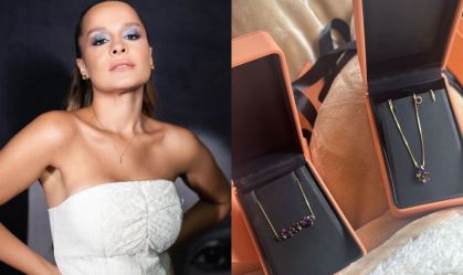 Montagem com fotos da cantora sertaneja Maiara e de joias de luxo da marca Vivara