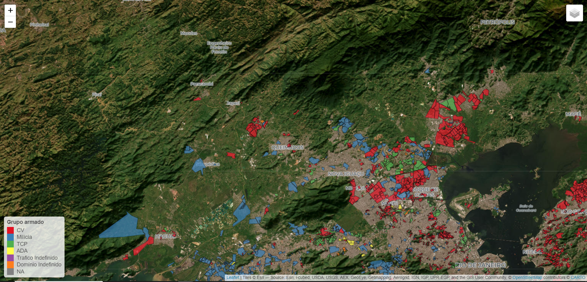 Território sob domínio de grupos armados na Baixada Fluminense em 2023 / Divulgação/ Mapa dos Grupos Armados