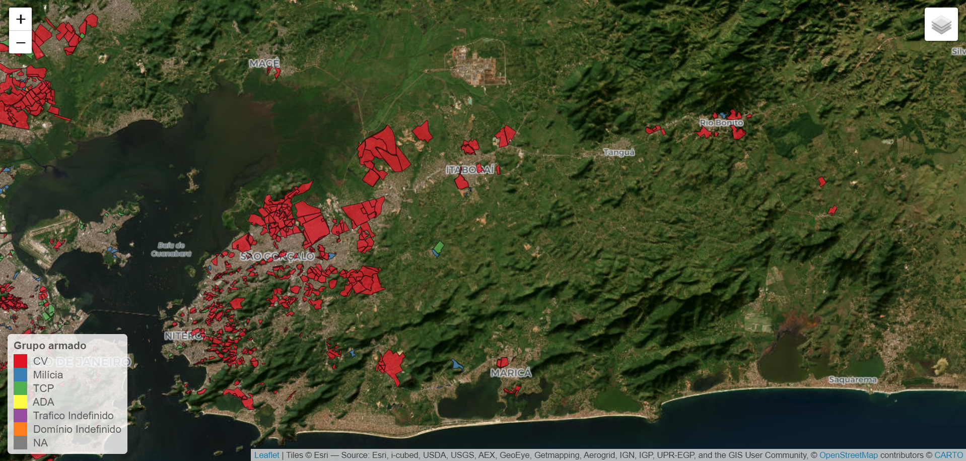 Território sob domínio de grupos armados no Leste Metropolitano do Rio de Janeiro em 2023 / Divulgação/ Mapa dos Grupos Armados