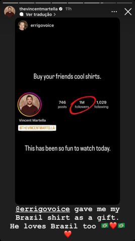 Vincent Martella compartilhou o post de um amigo ao atingir 1 milhão de seguidores / Reprodução/Instagram