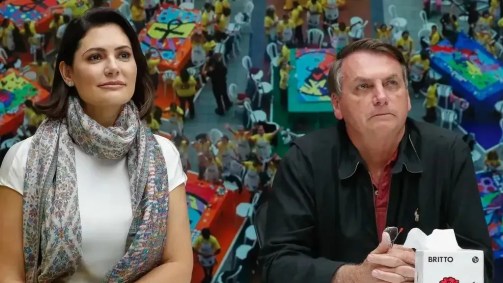 A então primeira-dama Michelle Bolsonaro e o presidente da República, Jair Bolsonaro, em visita ao estúdio do artista Romero Britto, em Miami, nos Estados Unidos, em março de 2020