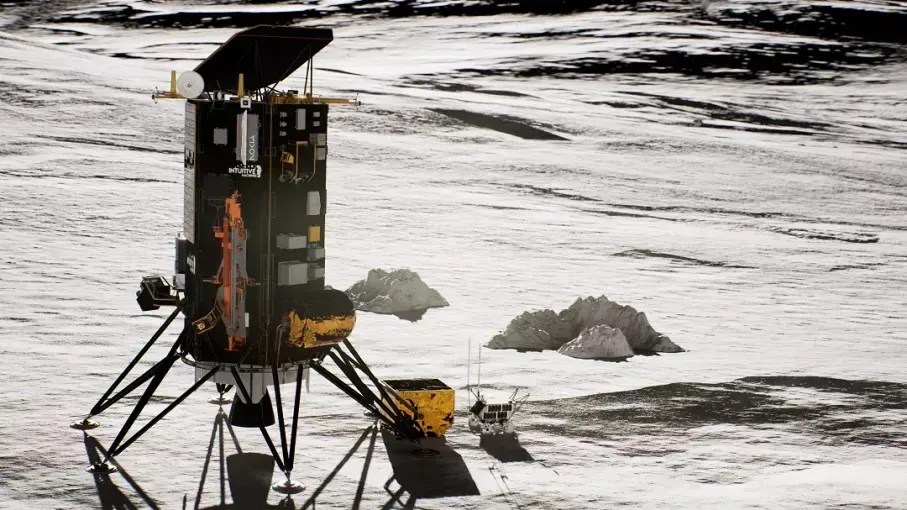 Uma ilustração artística do Lunar Outpost, com as antenas da Nokia estendidas na Lua