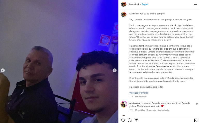 Postagem do filho de Ornaldo da Silva Viana, motorista de aplicativo morto após colisão com um Porsche na madrugada de domingo (31) na avenida Salim Farah Maluf, zona leste da capital paulista • Reprodução/Redes sociais
