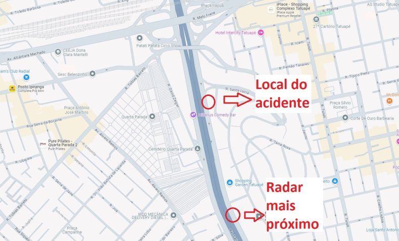 Mapa mostra a distância entre o local do acidente com Porsche e o radar mais próximo / Reprodução/Google Maps