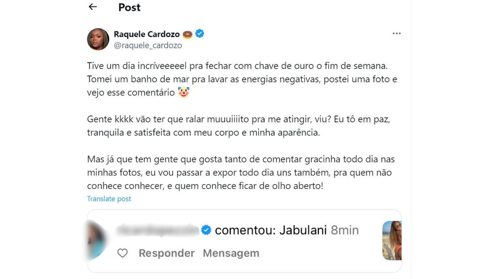 Ex-BBB Raquele rebate comentário gordofóbico / Reprodução/Raquele Cardozo/Instagram