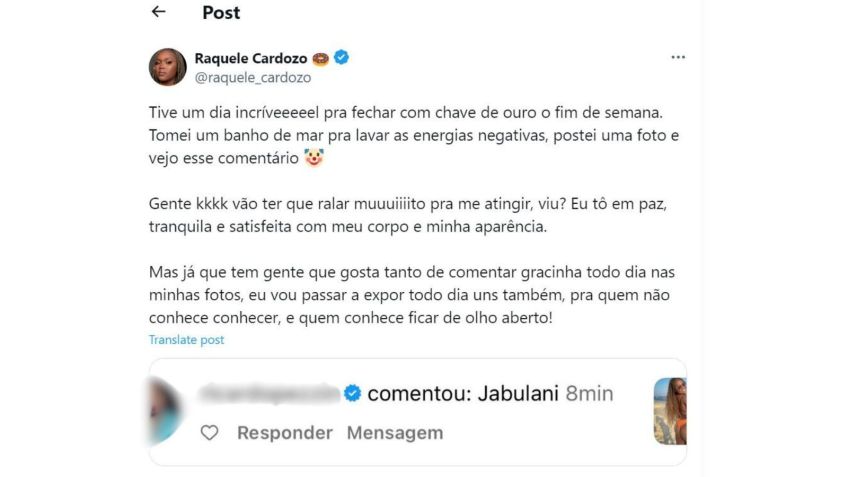Ex-BBB Raquele rebate comentário gordofóbico / Reprodução/Raquele Cardozo/Instagram