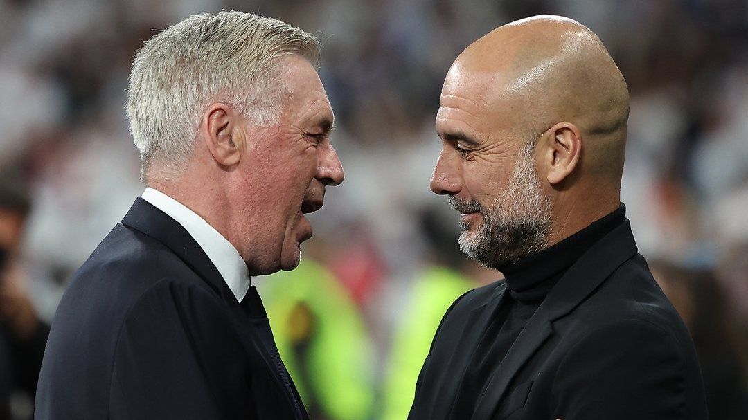 Ancelotti e Guardiola durante partida entre Real e City