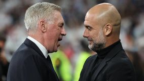 Ancelotti e Guardiola durante partida entre Real e City
