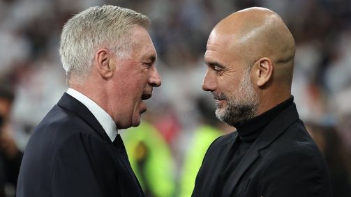 Ancelotti e Guardiola durante partida entre Real e City