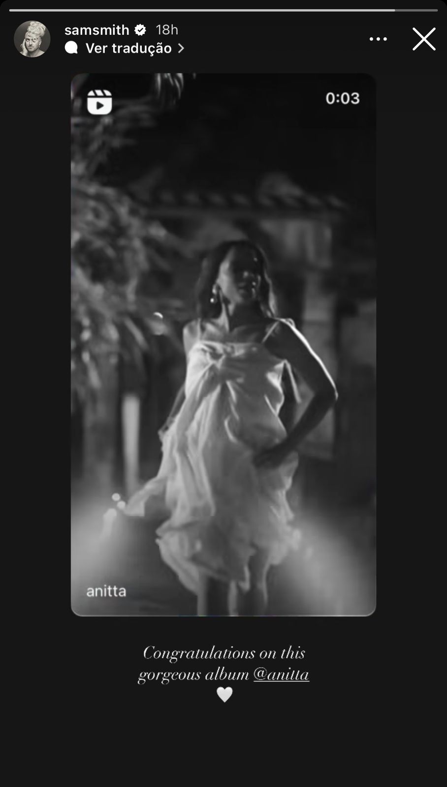 Sam Smith parabeniza Anitta por lançamento de "Funk Generation" / Reprodução/Instagram