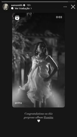 Sam Smith parabeniza Anitta por lançamento de "Funk Generation" / Reprodução/Instagram