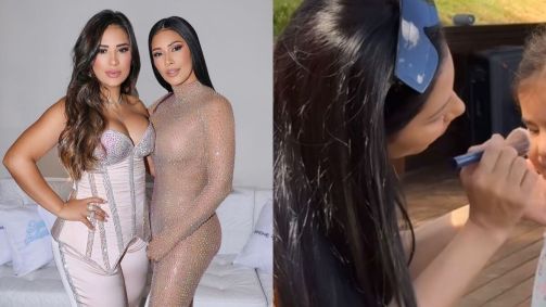 Montagem com fotos das irmãs Simone e Simaria e do momento em que Simaria maquia a sobrinha