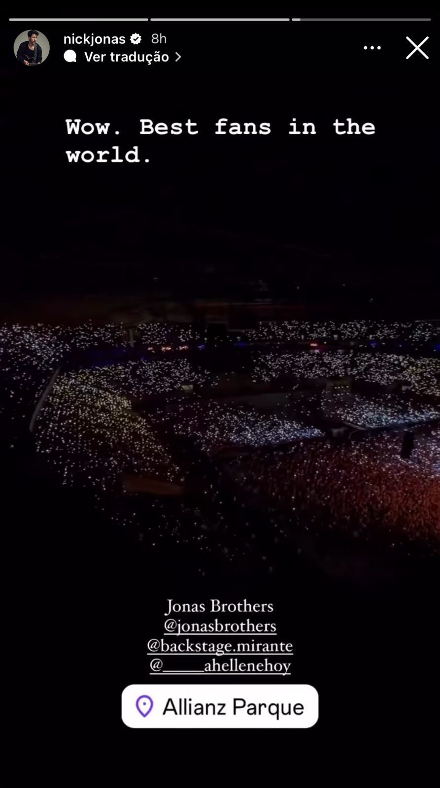 Nick Jonas se declarou ao público brasileiro após se apresentar no país / Reprodução/Instagram